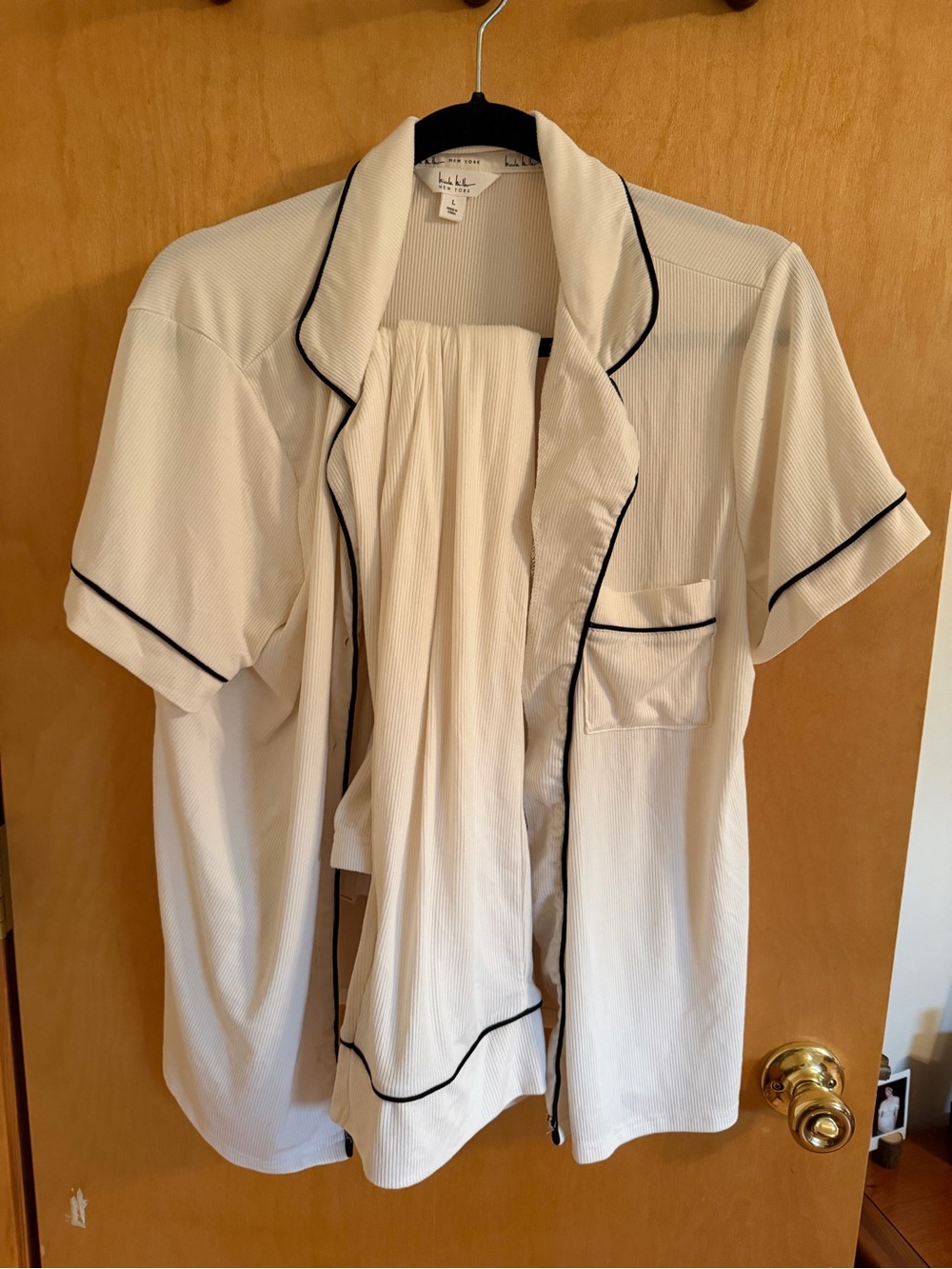 Nicole Miller — Set of 3 Lush White Short Sleeve Pajama Top with Black Piping